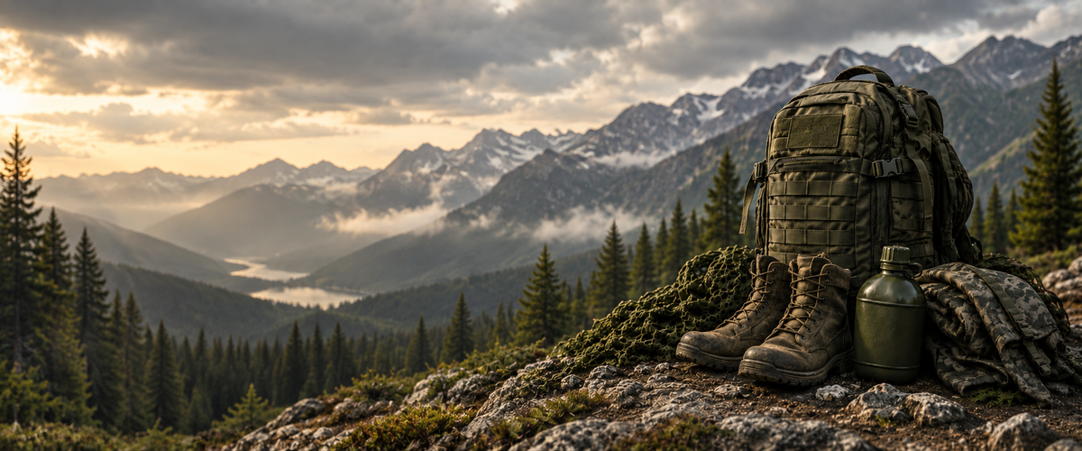 Military surplus backpack, boots and camping equipment in a mountain landscape