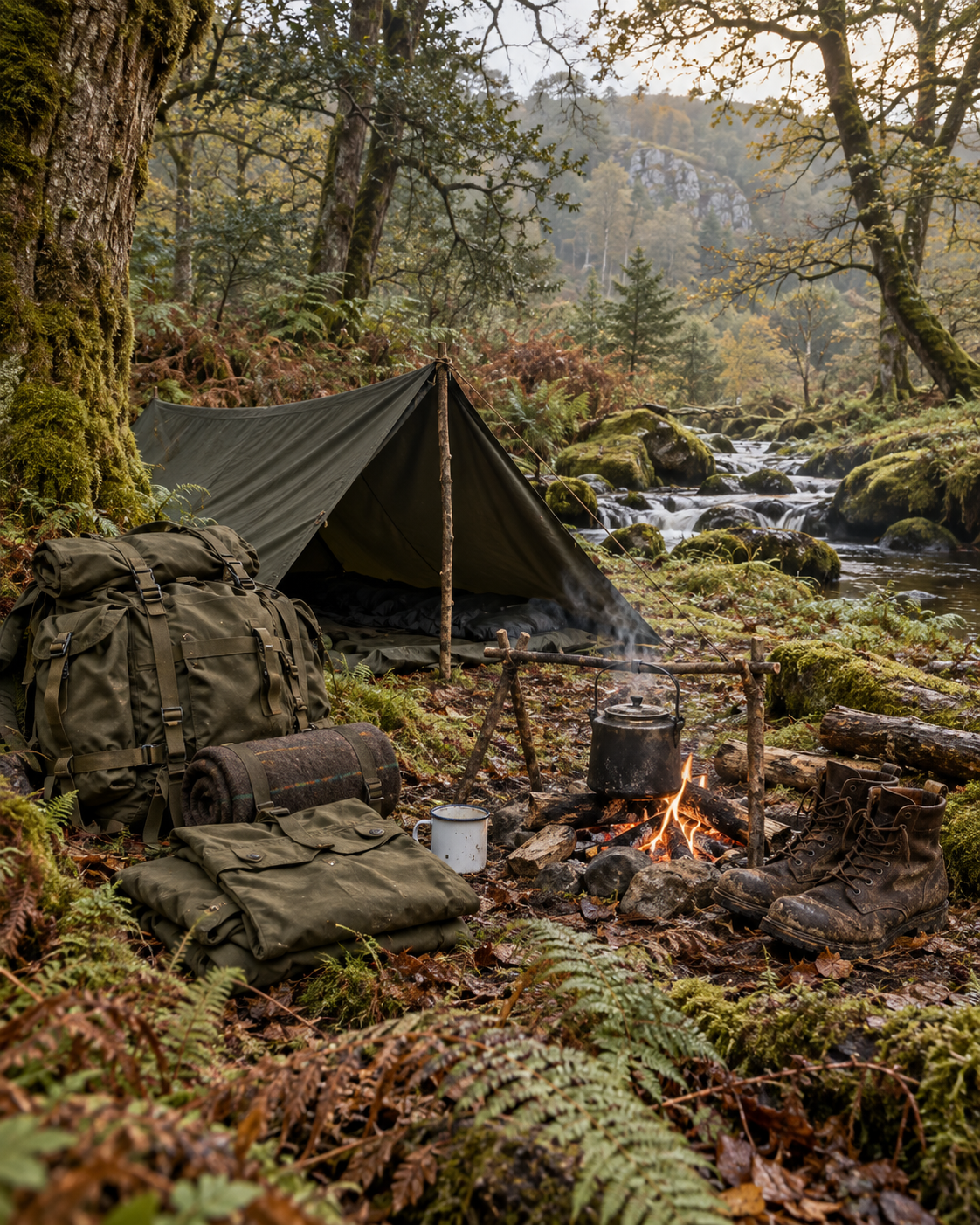Military surplus and bushcraft equipment prepared for outdoor use